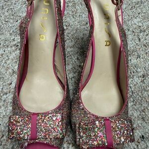 Unisa Multicolor Glitter Peep-Toe Slingback Heels with Pink Trim